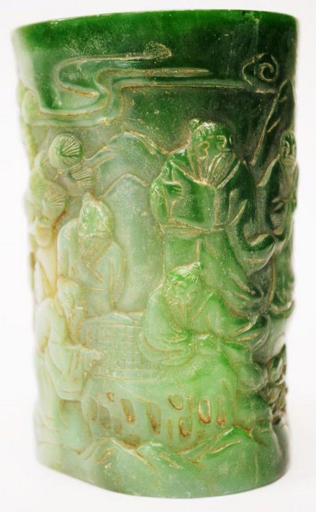 Green Stone Brush Pot with Garden Figures - Ceramics - Chinese - Oriental