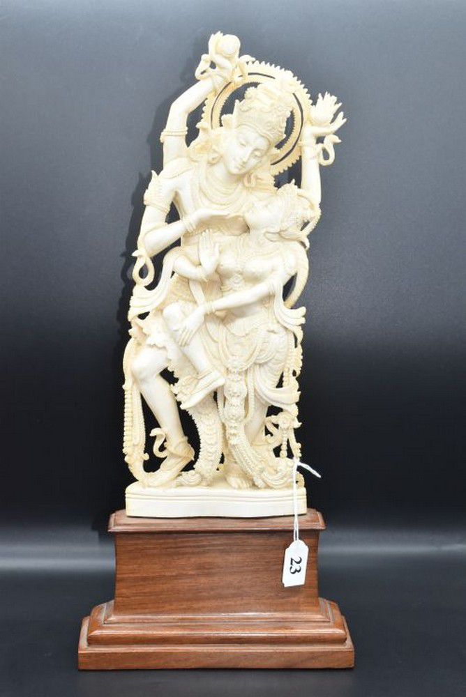 Ivory Shiva And Parvati On Wooden Base Figuresgroups Sculpture