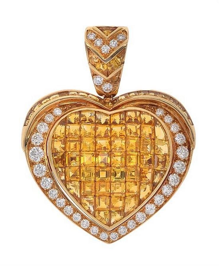 Yellow Sapphire Heart Pendant with Diamond Border - Pendants/Lockets ...