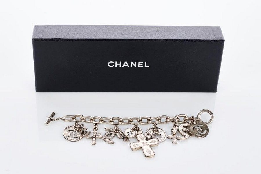 Chanel Silver Tone Charm Bracelet with Crosses and Cc - Bracelets