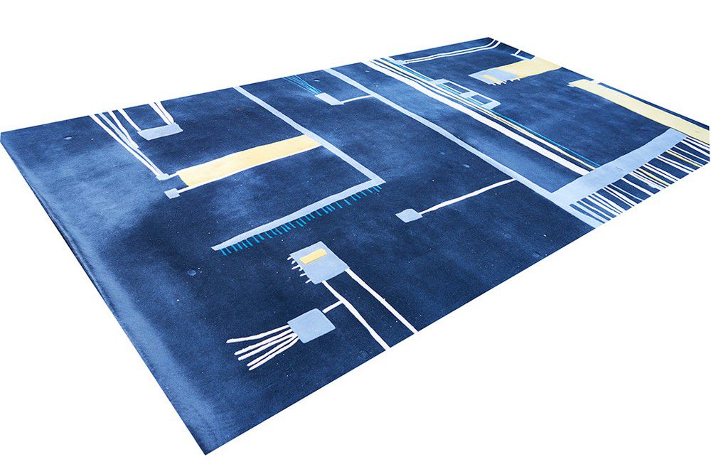 Navy Blue Abstract Wool Rug with Yellow Accents Rugs & Carpets