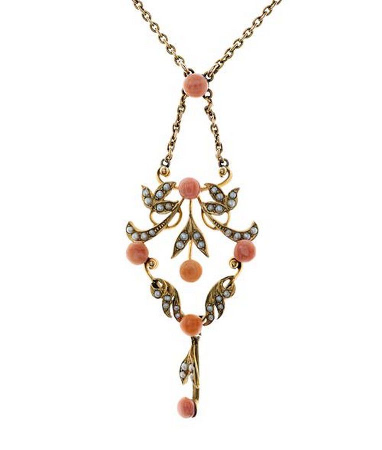 A 19th century 15ct gold gem set pendant necklace, foliate… - Necklace ...