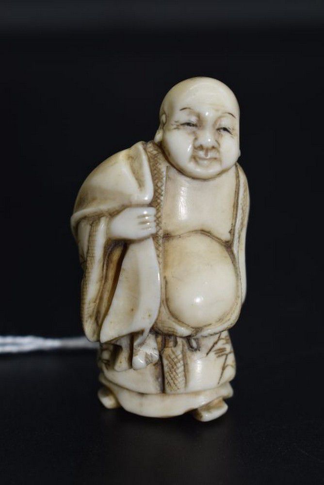 Ivory Buddha Netsuke With Money Bag And Signature Netsuke Oriental