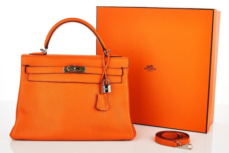 Orange Hermes Kelly Bag with Palladium Hardware and Accessories ...