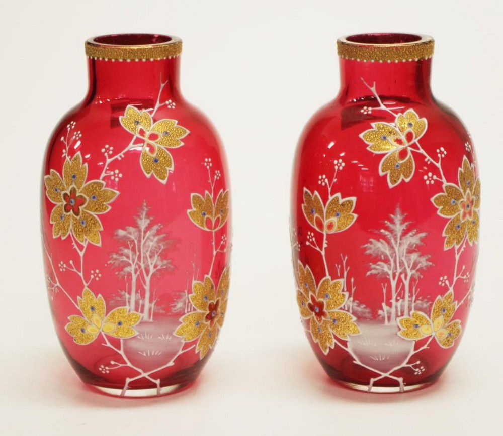 Antique Moser HandPainted Gilt Floral Vases (Pair) European Glass