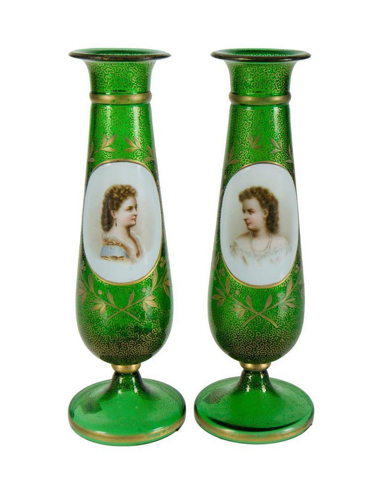 Moser Green Glass Portrait Vases Pair European Glass