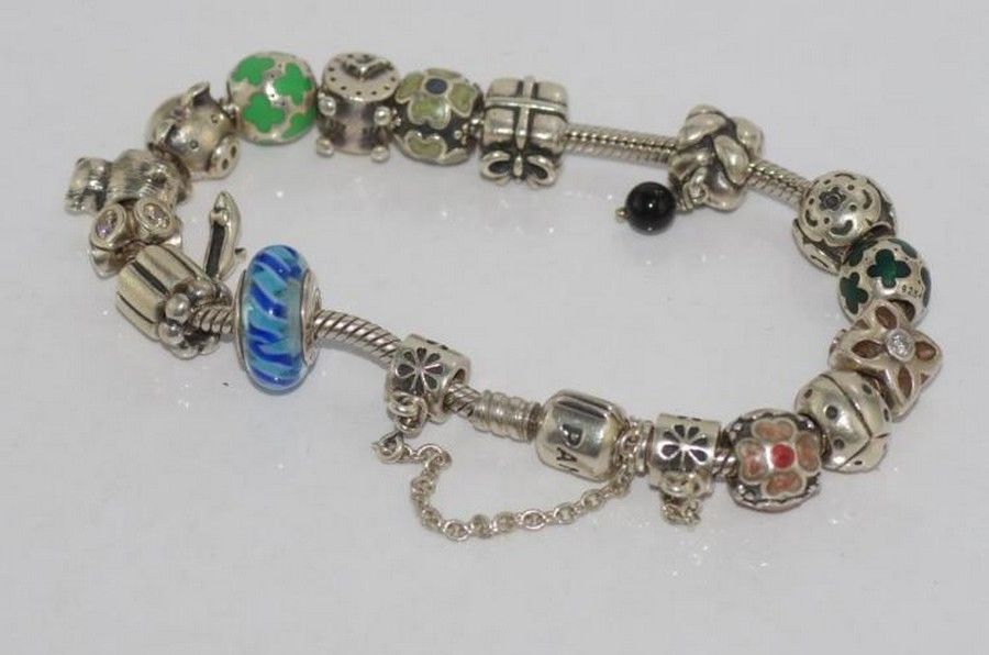 Pandora silver charm bracelet & charms, most charms marked 925