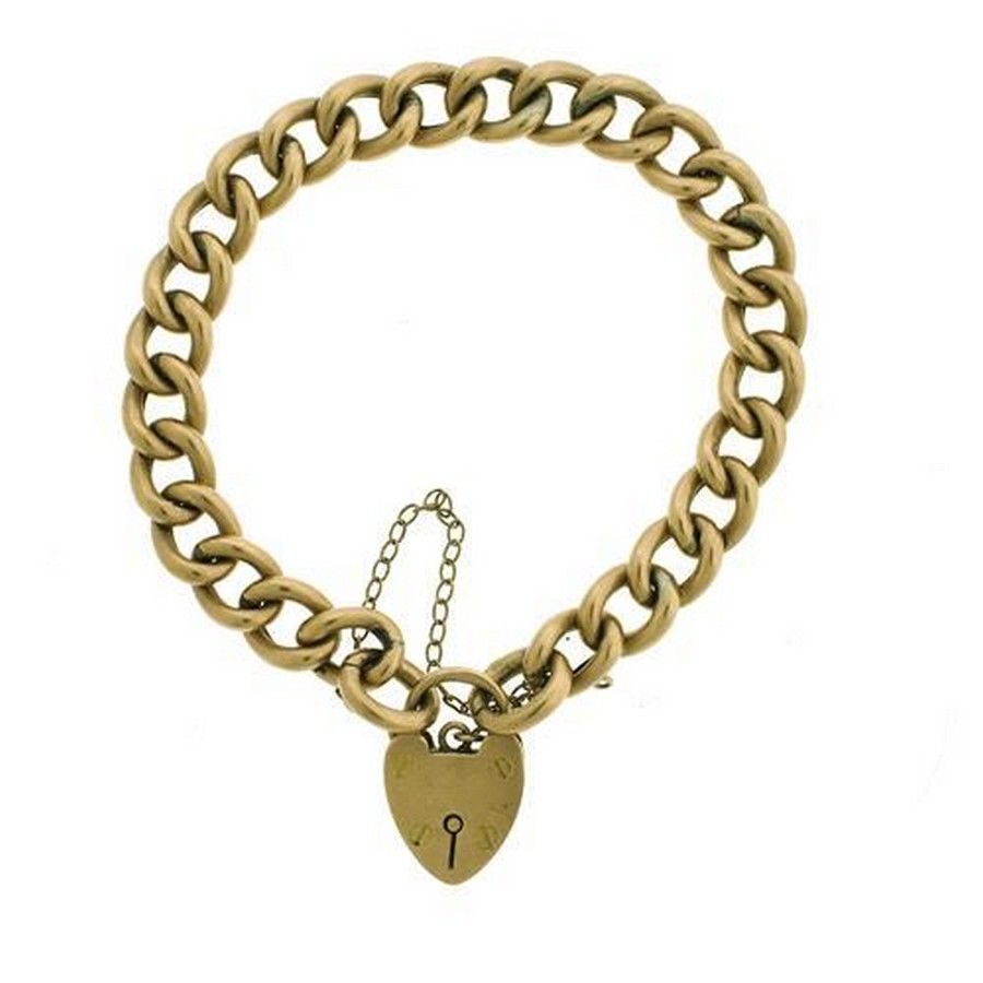 Vintage 9ct Gold Heart Padlock Bracelet with Safety Chain - Bracelets ...