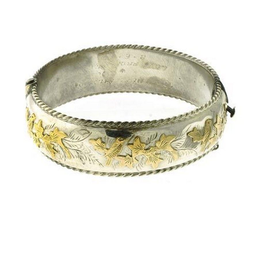 Hinged Silver Bangle with Gold Birds & Foliage Decoration - Bracelets