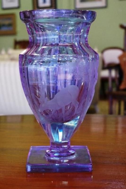 Moser Blue Glass Vase With Engraved Forest Scene European Glass