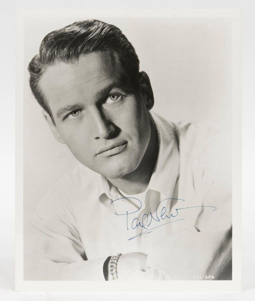 Paul Newman signature in blue ink on black and white photograph ...