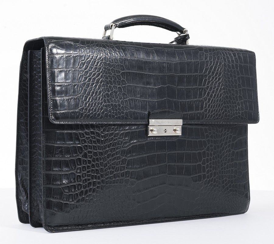 Gianni Versace Crocodile-Style Leather Briefcase with Silver Hardware ...