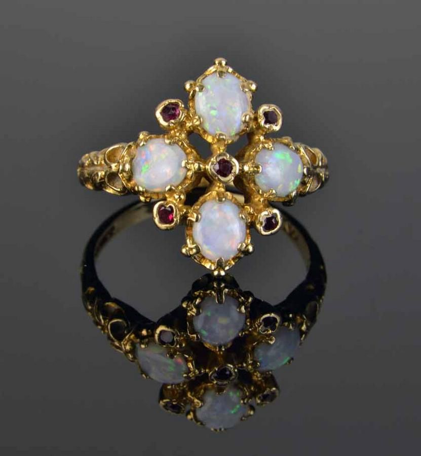 Opal and Ruby Cluster Ring - 9ct Gold, Birmingham Hallmark - Rings ...