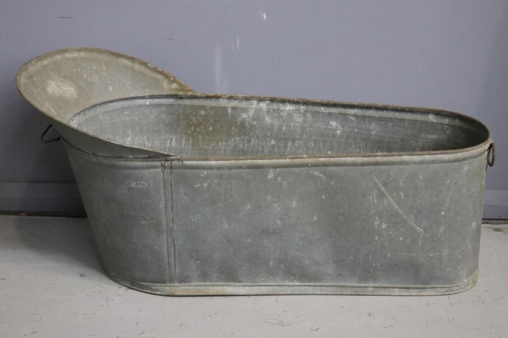 Rare Antique French Galvanised Metal, Galvanised Steel Bathtub