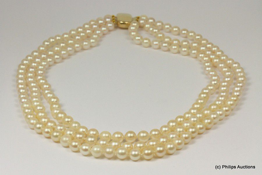 Triple Strand Cultured Pearl Necklace with Gold Clasp - Necklace/Chain ...