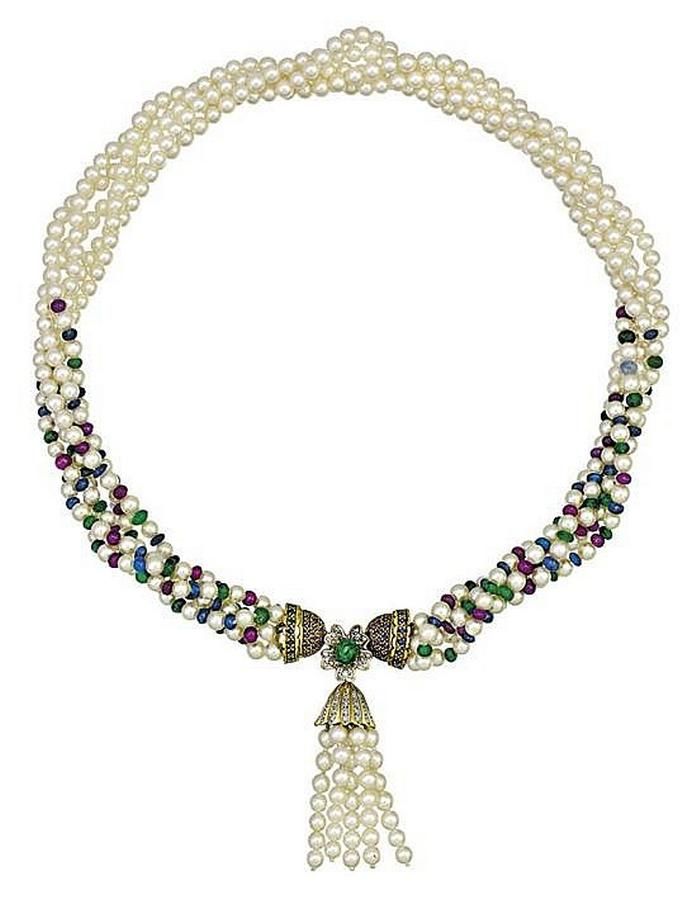 Gemstone Torsade Necklace with Diamond Tassel - Necklace/Chain - Jewellery