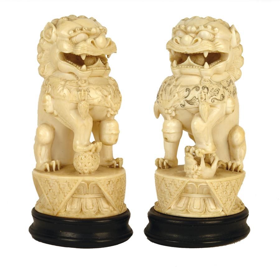 Chinese Ivory Temple Lion Dog Carvings Ivory Oriental