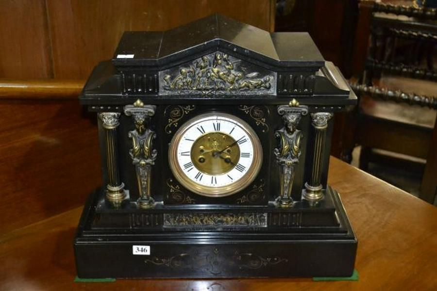 Large 19th century French black marble mantel clock