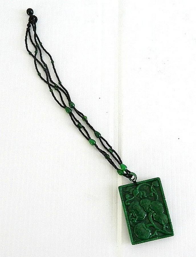 Green Spinach Jade Pendant on Black Beads Necklace - Pendants/Lockets