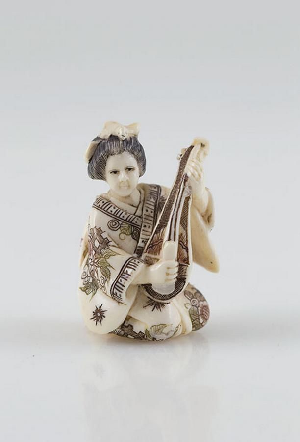 Signed Carved Ivory Netsuke Of A Geisha Stained Patterned… Netsuke Oriental