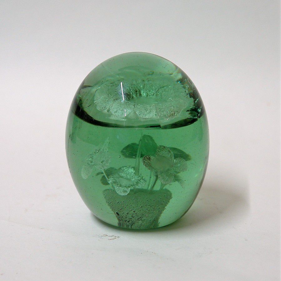 Victorian Green Glass Paperweight with Potted Flowers - Paperweights ...