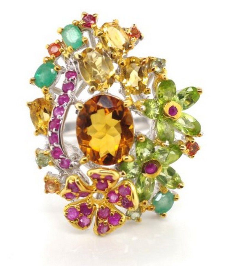 Multi Gem Flower Ring in Sterling Silver and Gilt - Rings - Jewellery