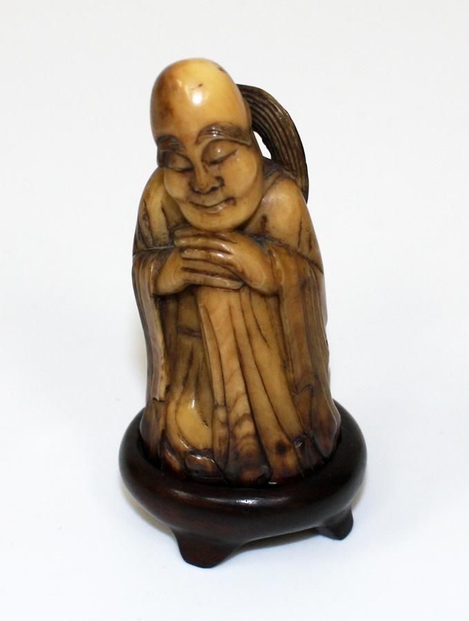 Monk Ivory Carving with Wood Stand - Ivory - Oriental