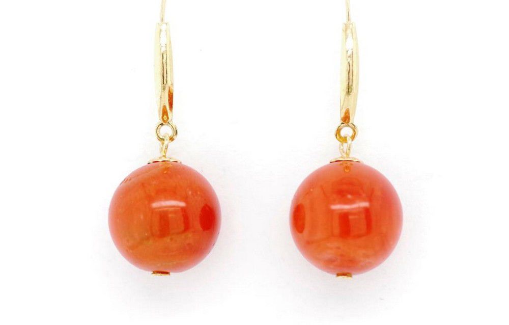 Coral and Gold Drop Earrings (750 Marked) - Earrings - Jewellery