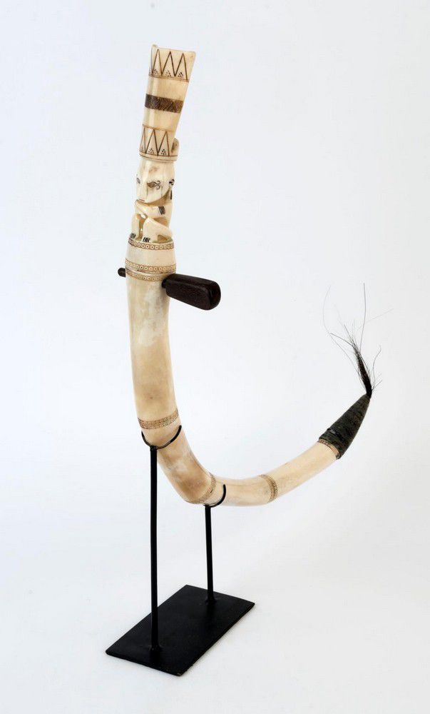 African Medicine Horn with Figural Top and Stand African Tribal