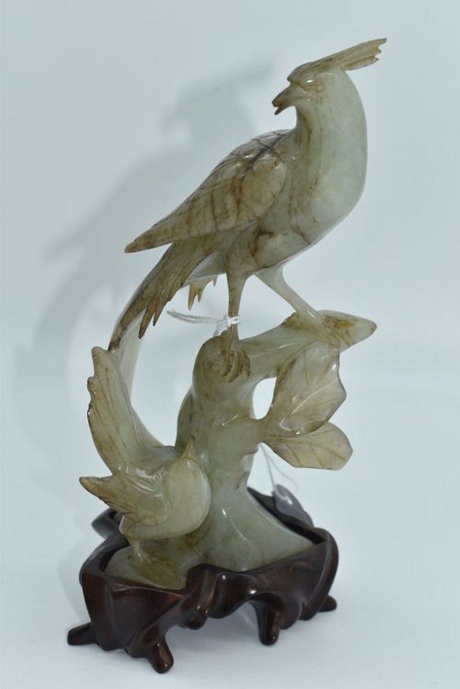 Jade Bird Figurine on Wooden Base - Jade - Oriental