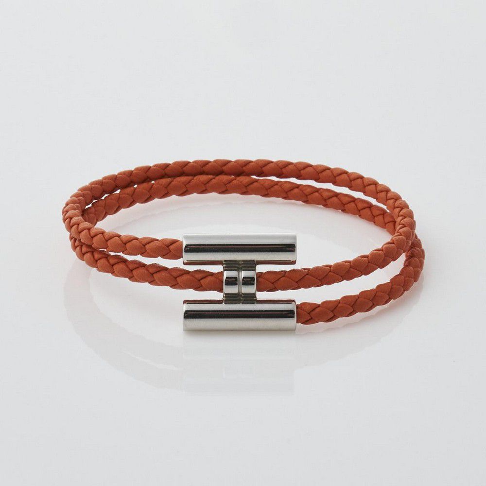 Orange Braided Leather Hermes Bracelet with H Slide Lock - Bracelets