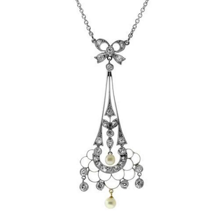 Edwardian Diamond & Pearl Necklace with Chandelier Drop - Necklace ...